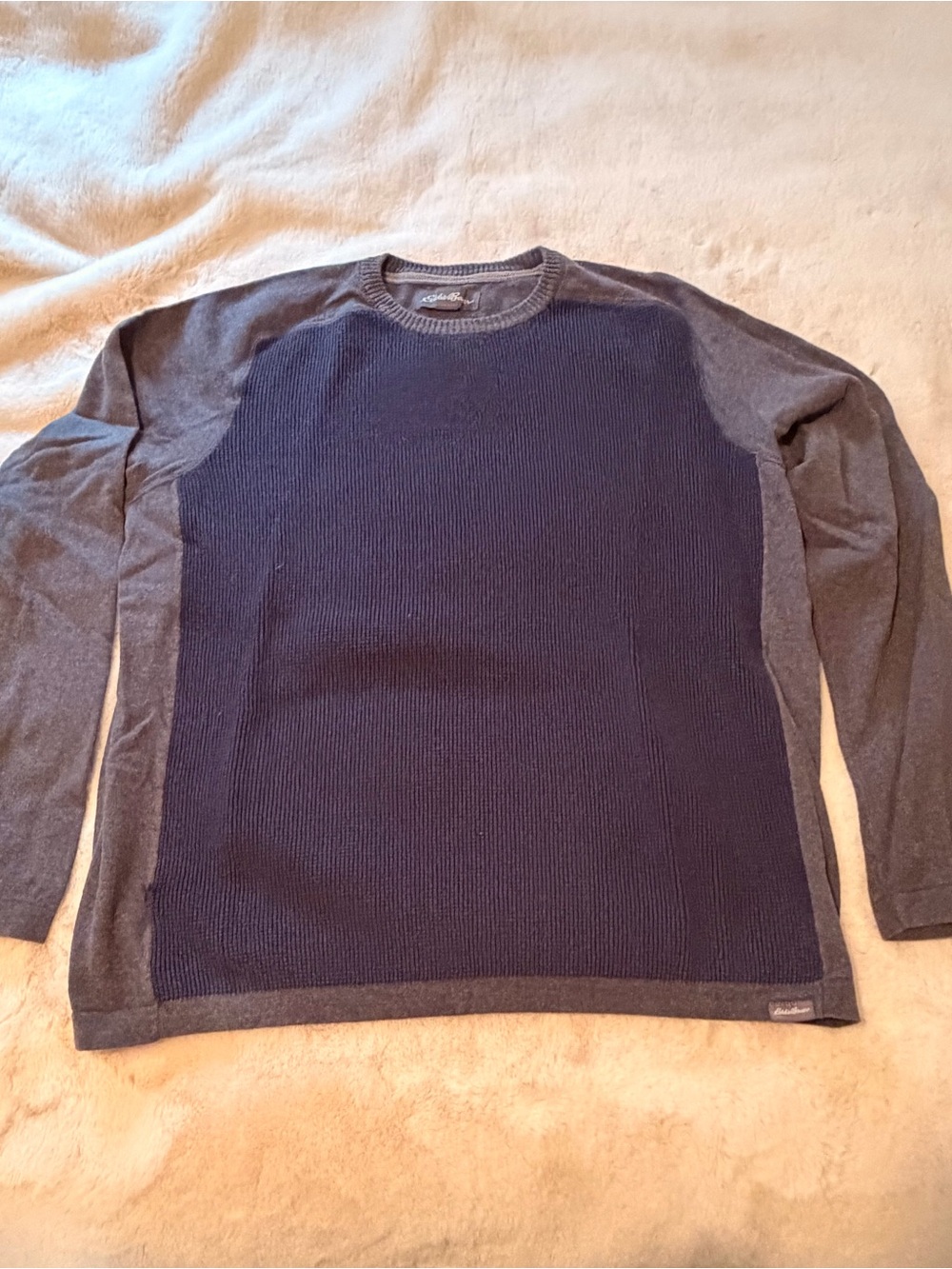 Eddie Bauer Navy Front with Charcoal Sleeve Crewneck Sweater